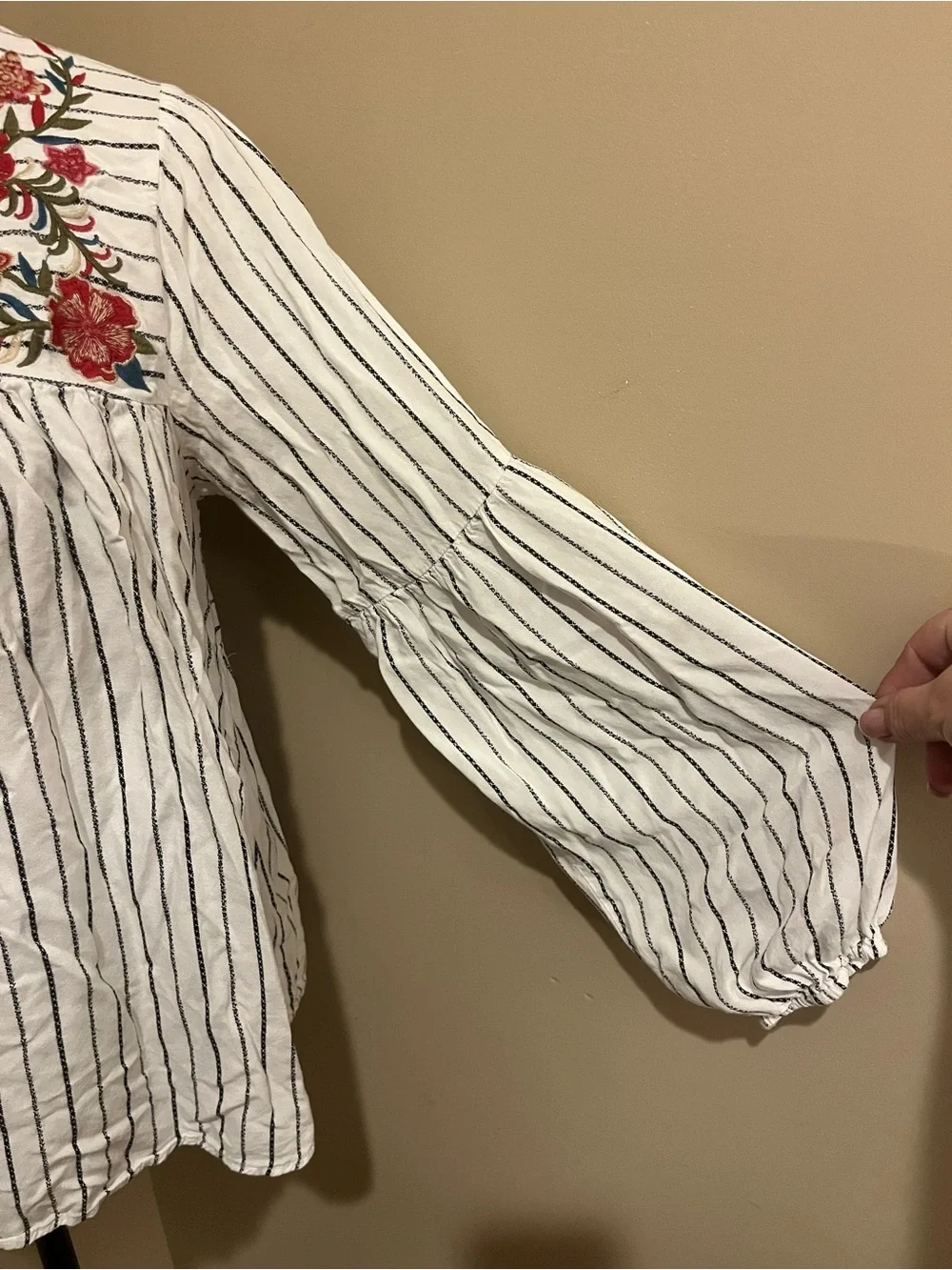 Striped White Peasant Top Embroidered Floral Yoke - White, Med - Picture 6 of 11